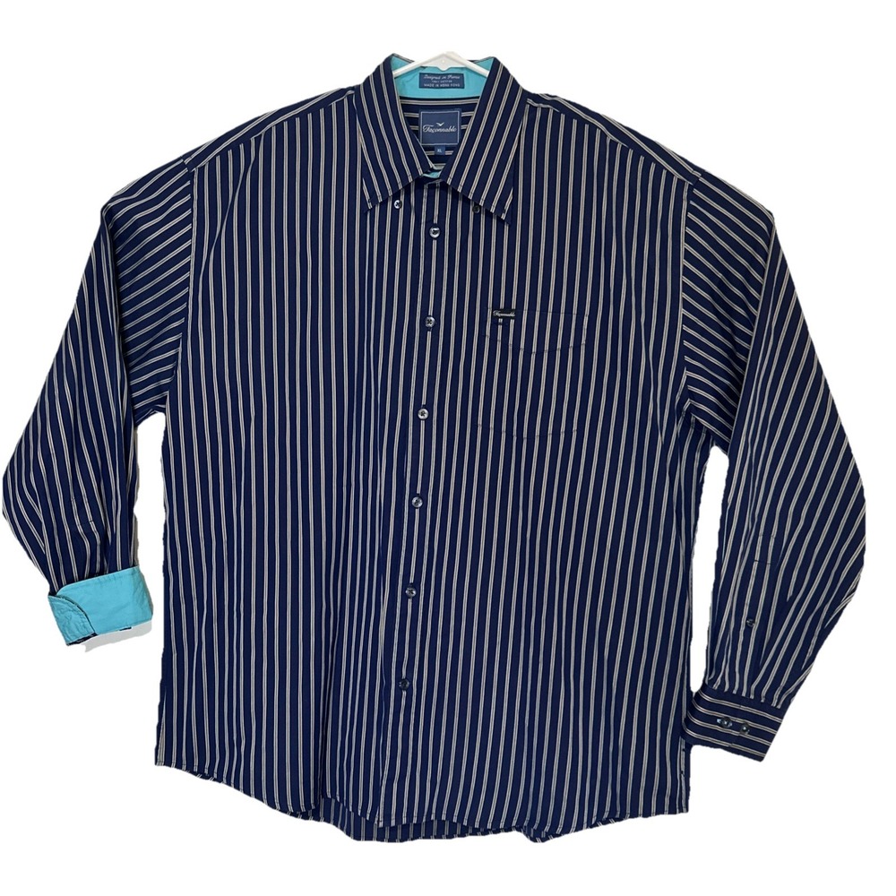 Faconnable Button Down Shirt‎ Men's Size XL Dark Navy Blue & Tan Striped